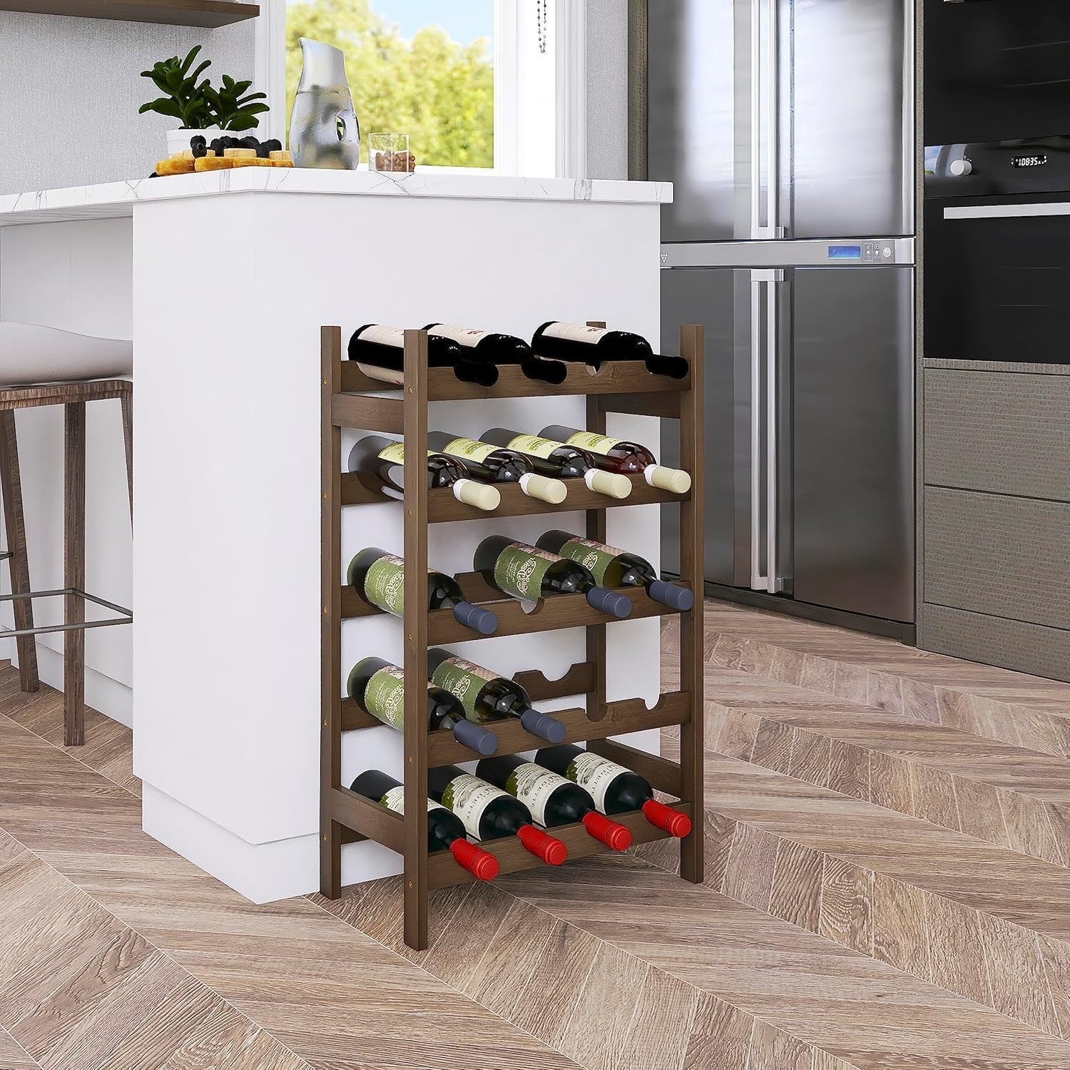 5 Tier Wooden Wine Rack 20 Bottle Free Standing Storage Shelf Walnut Kitchen Bar