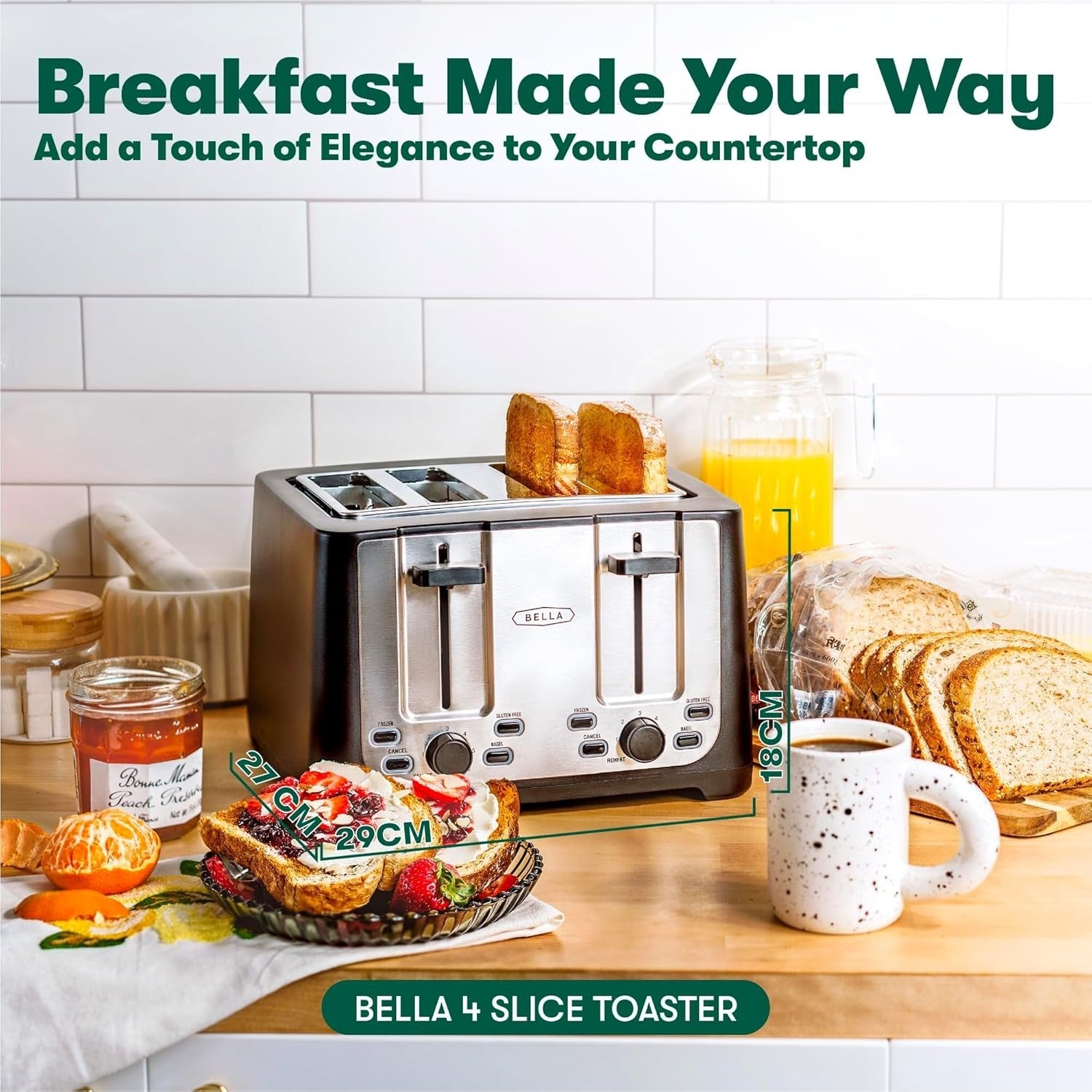 4 Slice Toaster Extra Wide Slots Crumb Tray 6 Settings Black Stainless Steel