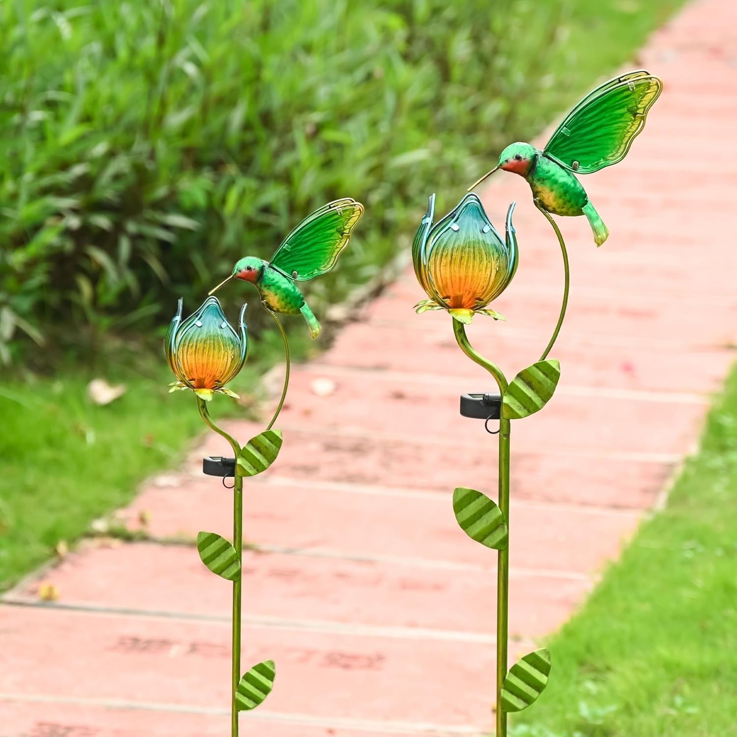 Solar Hummingbird & Tulip Garden Light Large Glass LED Outdoor Yard Stake 41in