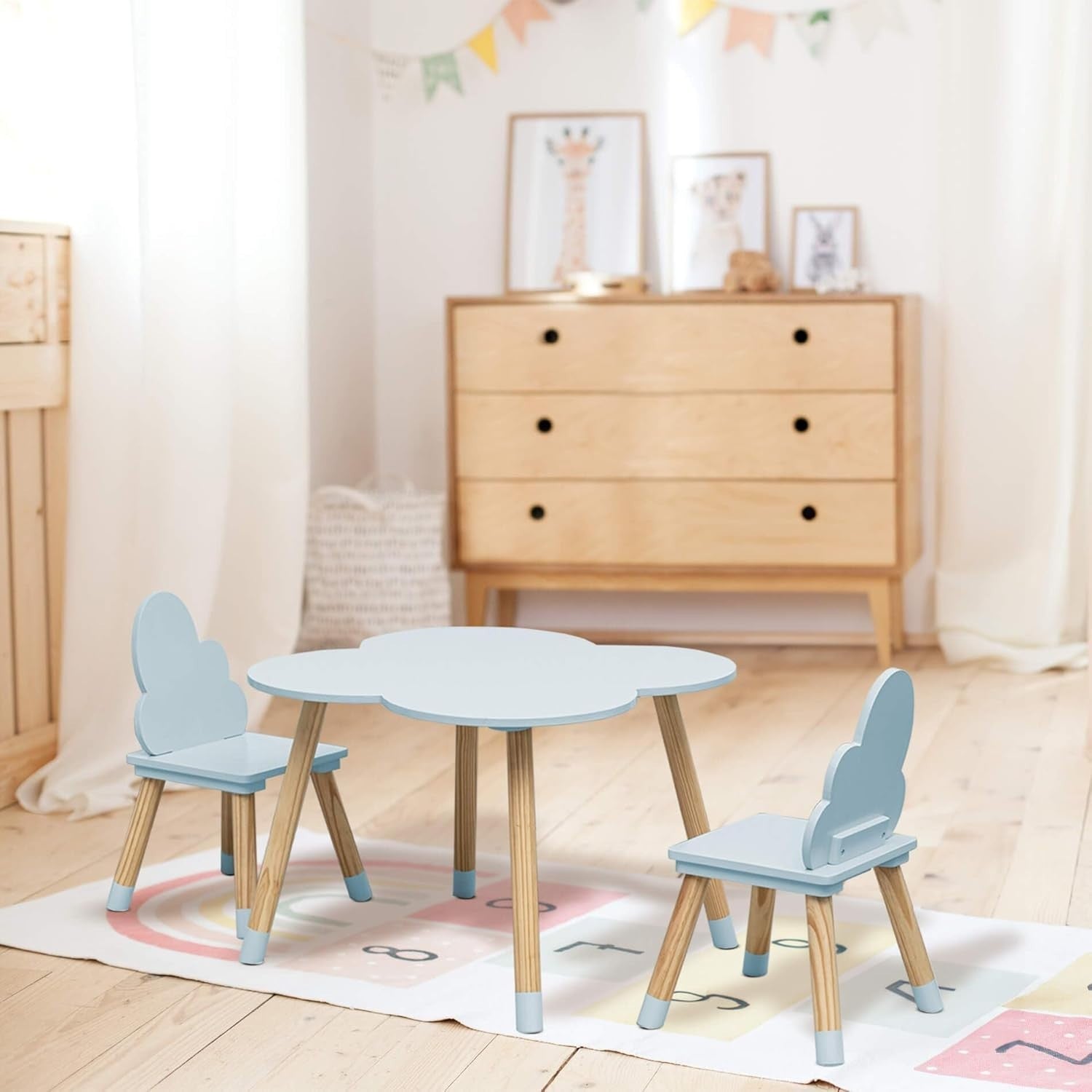 Kids Table & 2 Chairs Set Sky Blue & Brown, Safe Non-Toxic MDF, Easy Assemble