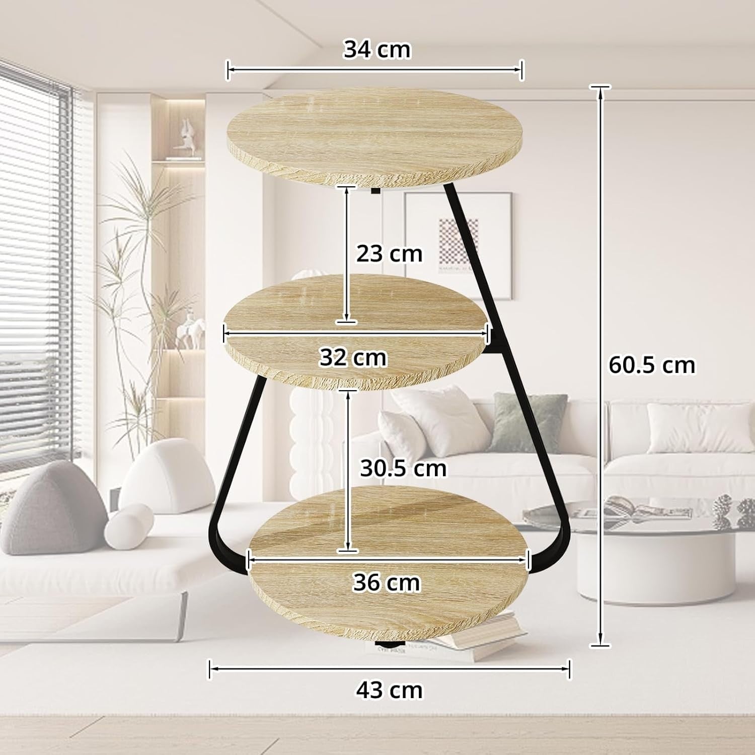 Set of 2 Oak LED Side Tables with 3-Tier Storage – Small Round Coffee Tables