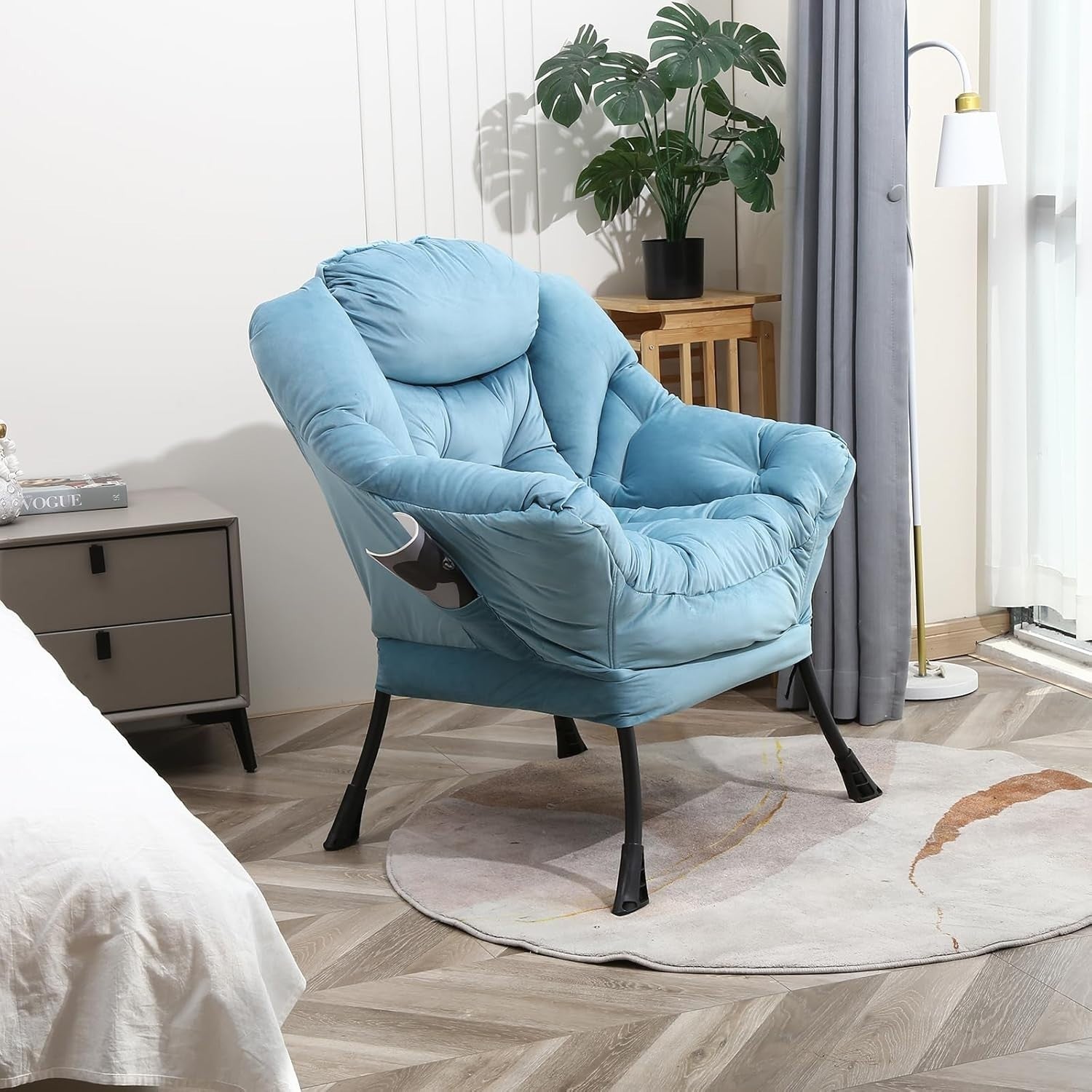 Modern Blue Accent Lounge Chair with Side Pocket | High Back Padded Sofa