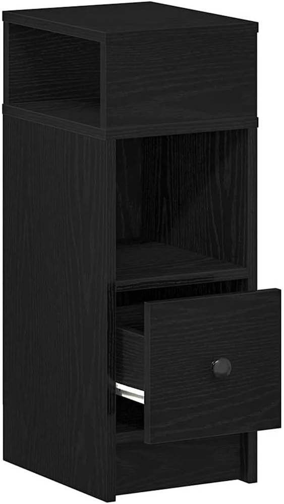 Black Bedside Table with Drawer & Shelves | Slim Modern Nightstand