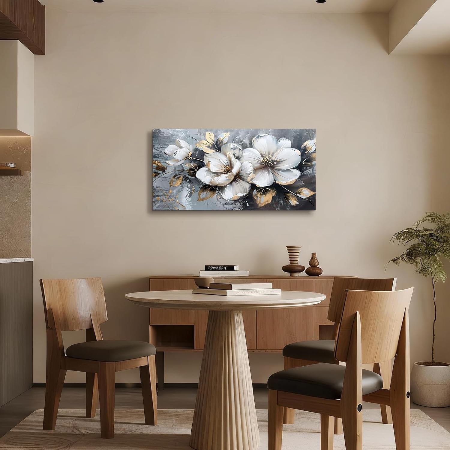 Large White Floral Canvas Wall Art 100x50cm Modern Botanical
