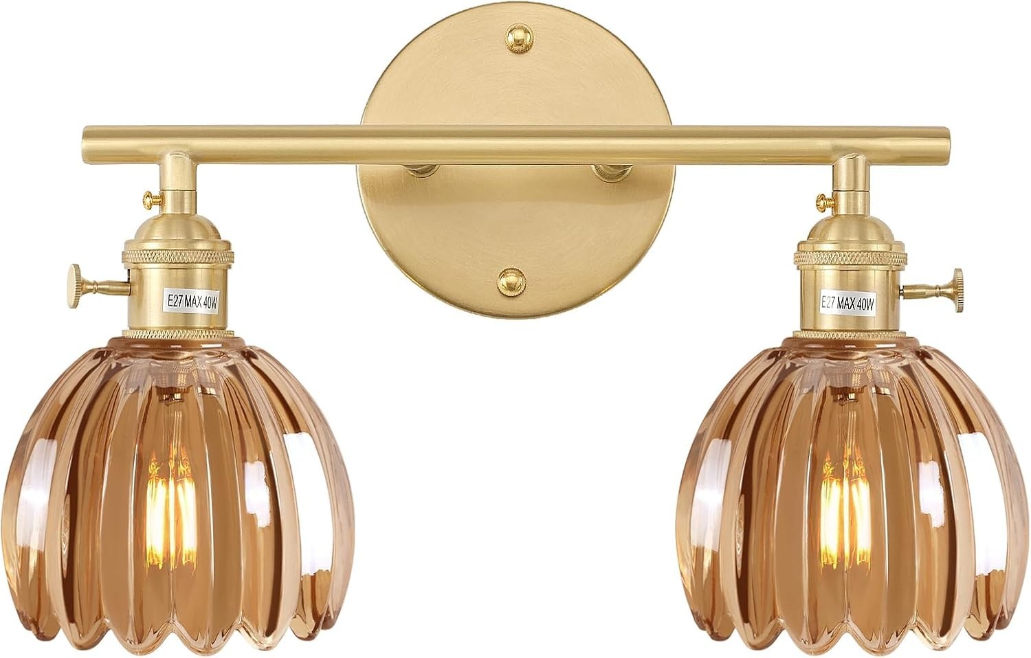 2-Light Amber Glass Wall Sconce Vanity Light Vintage Brass Fixture