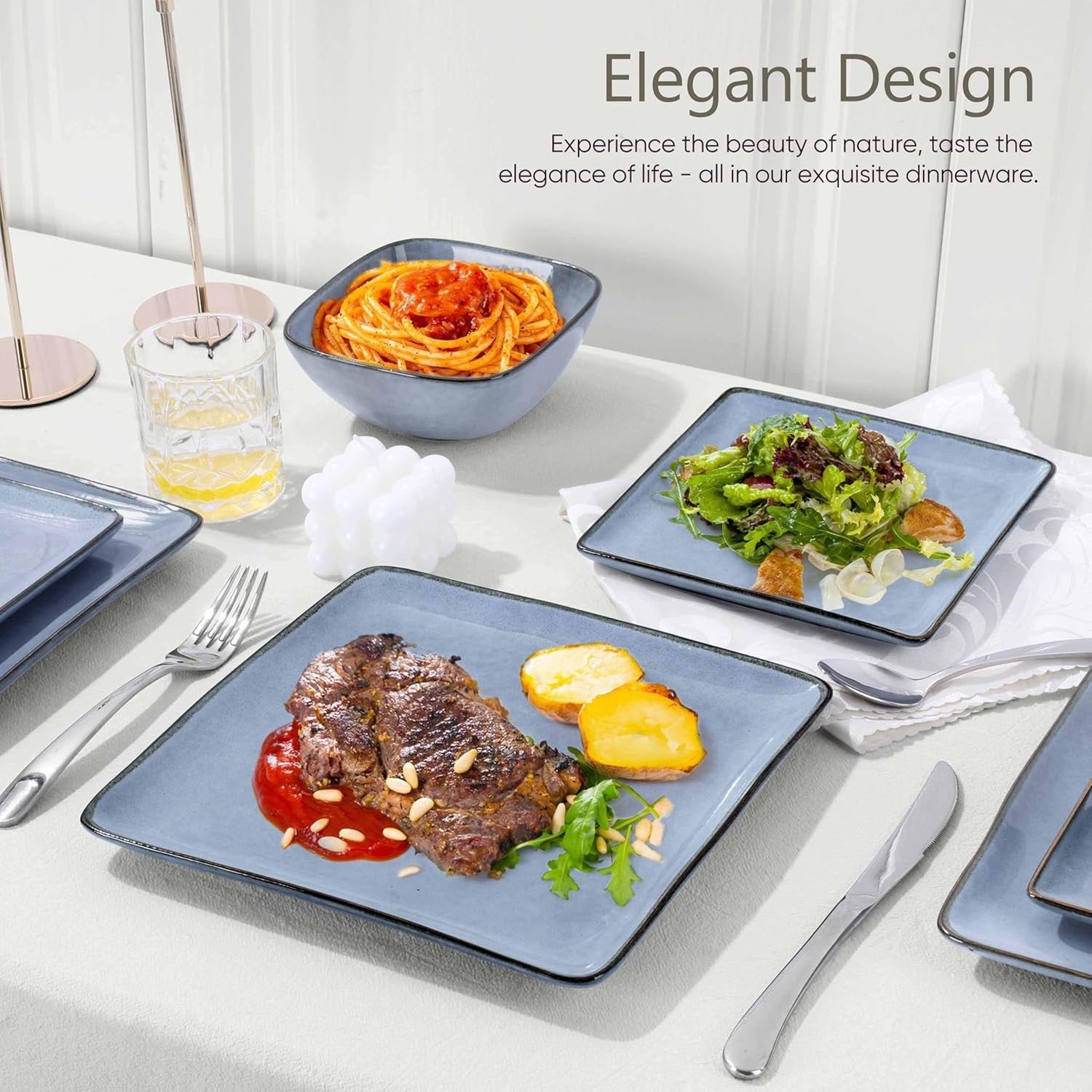 12pc Square Stoneware Dinner Set Plates Bowls Microwave Dishwasher Safe Blue