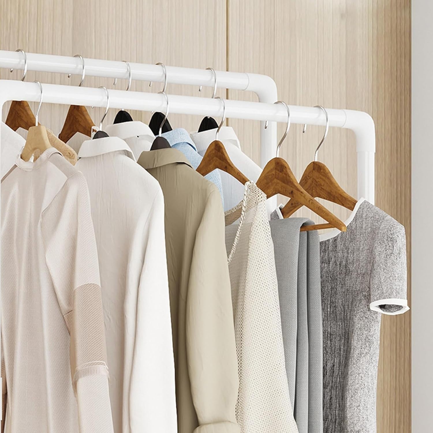 White Metal Double Clothes Rail with Wheels & Shoe Rack