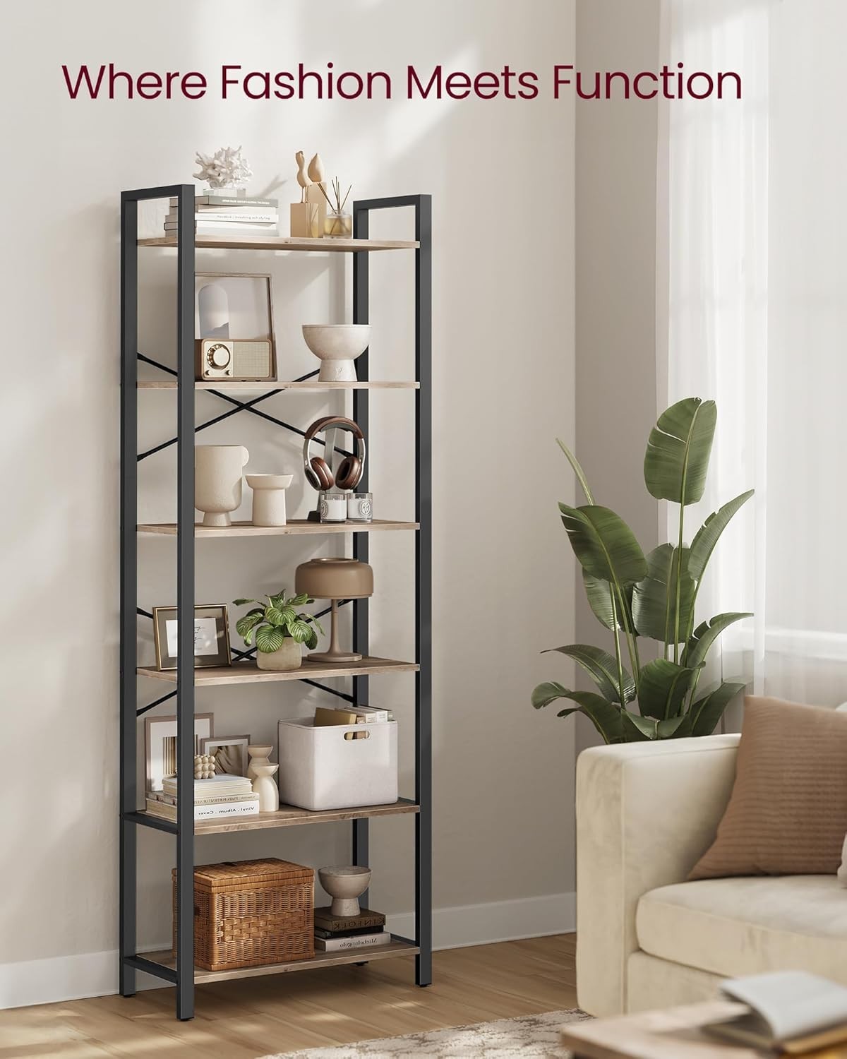 6-Tier Industrial Bookshelf 186cm Tall Wide Storage Unit Heather Greige