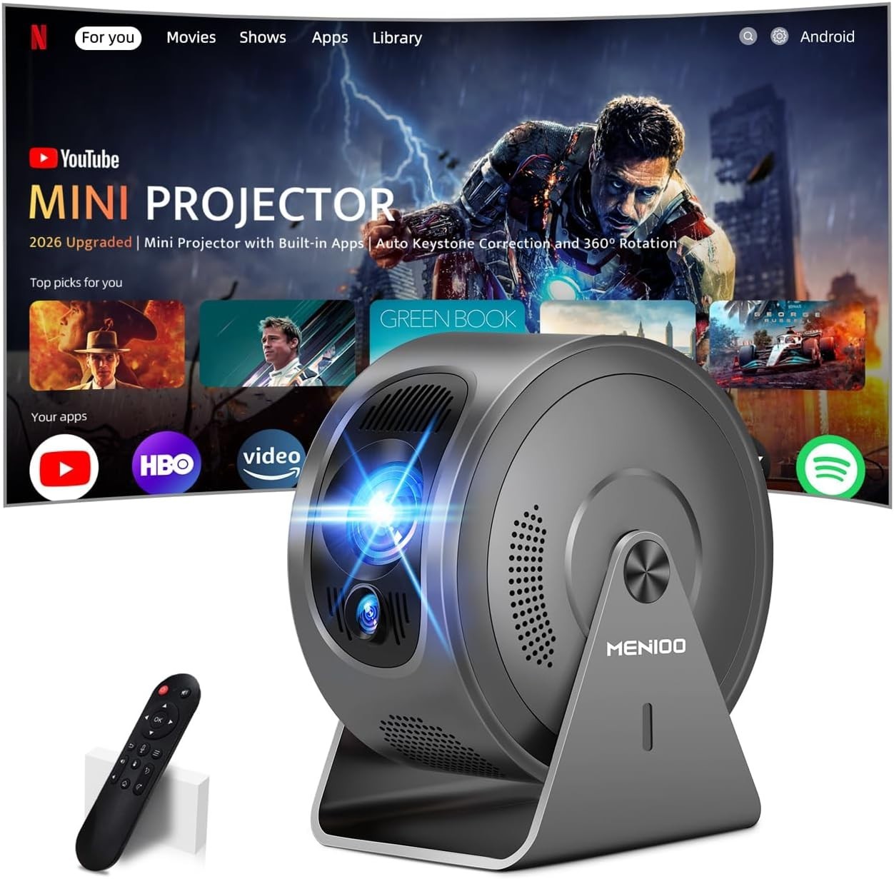 Mini Smart Projector 4K Support Auto Focus WiFi 6 Bluetooth 360°
