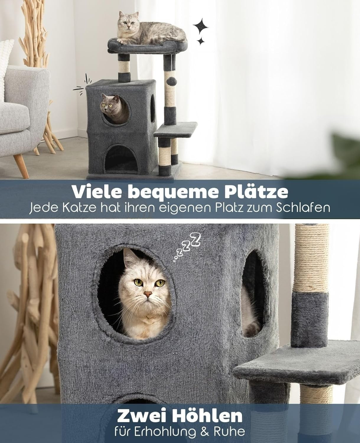 Cat Tree with 2 Condos Scratching Posts Plush Perch 80cm Dark Grey