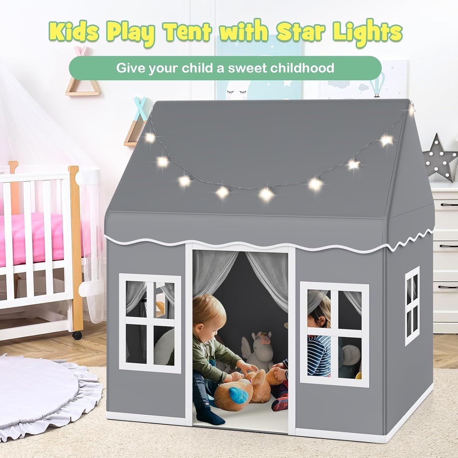 Large Kids Play Tent Indoor Outdoor Castle w Star Lights Non Slip Mat