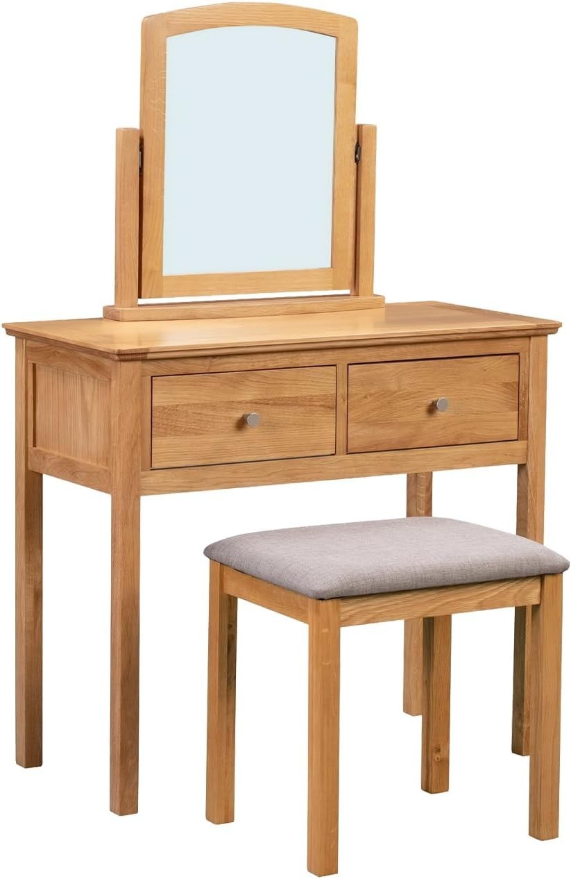 Light Oak Dressing Table Vanity Set Mirror Stool 2 Drawer Storage Bedroom