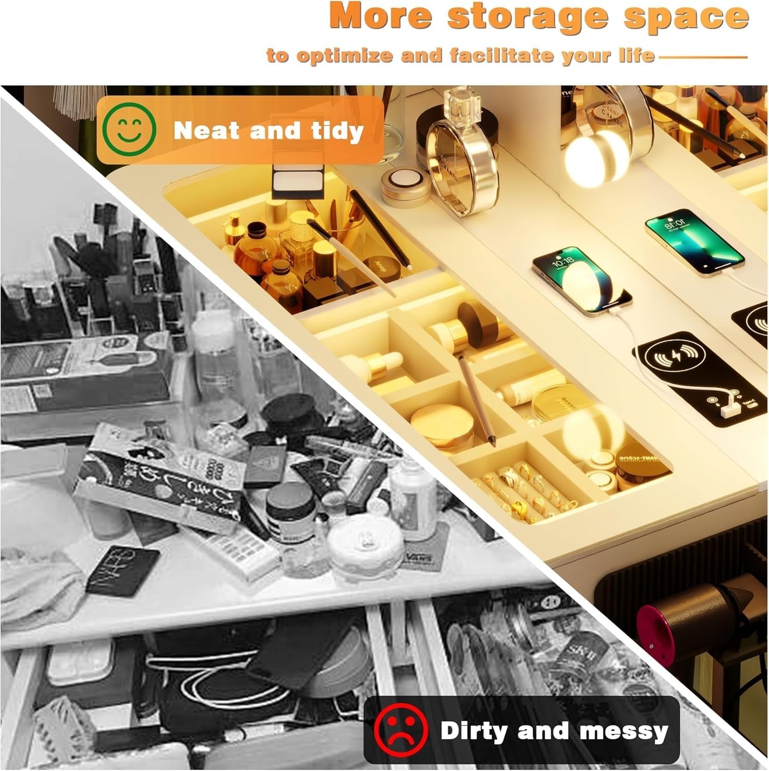 White Vanity Dressing Table LED Light Bulbs Power Strip 2 Drawers Storage Shelve