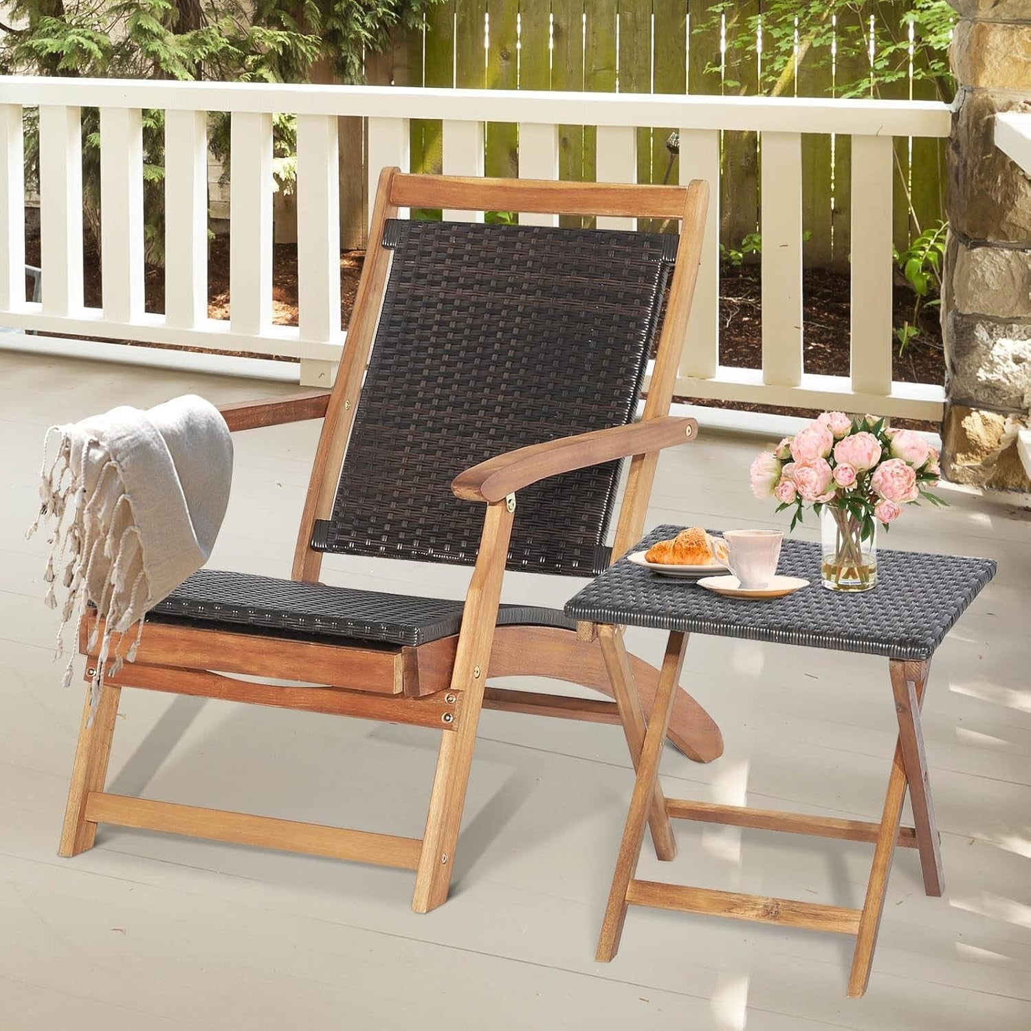 Outdoor Rattan Sun Lounger Recliner with Retractable Ottoman & Side Table
