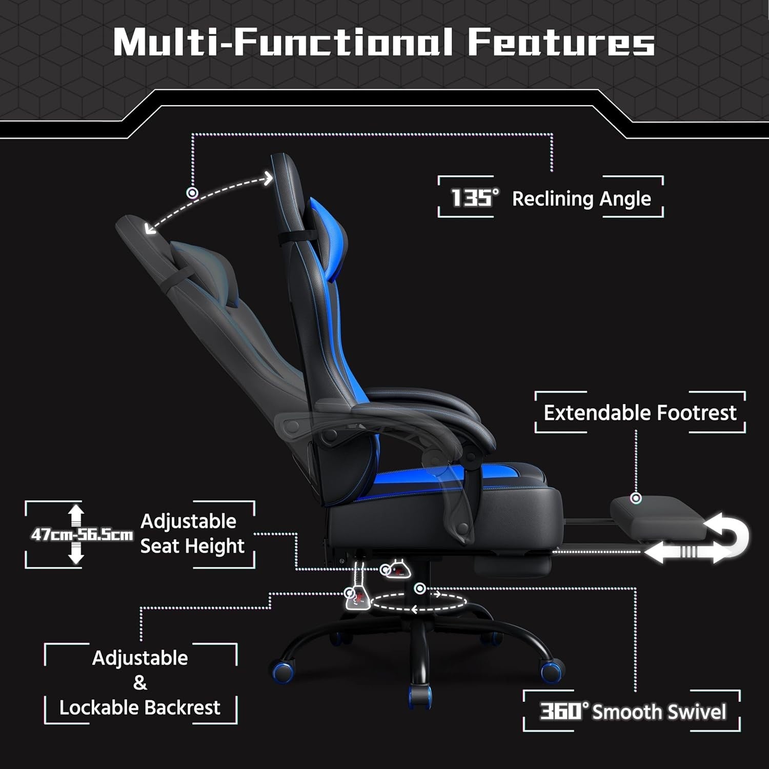Ergonomic Gaming Chair Footrest Massage Lumbar Support