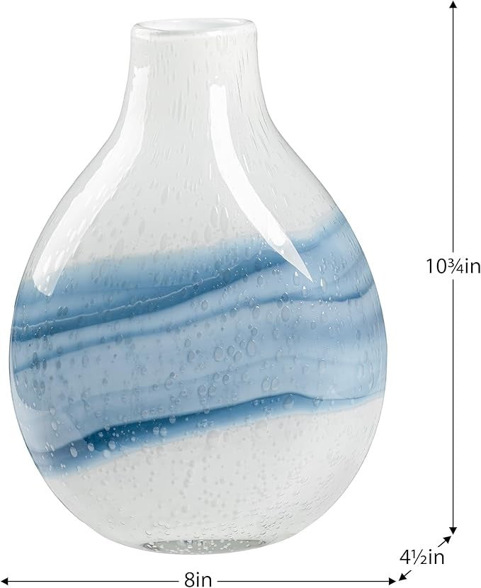 White Hand Blown Glass Vase 27cm Modern Coastal Table Centerpiece Decor