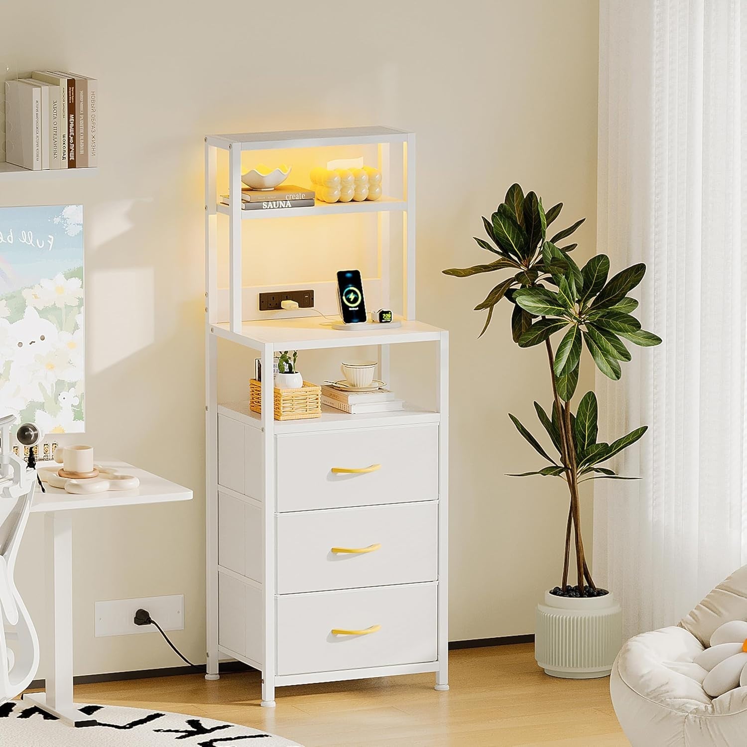 Tall Bedside Table with USB Charging, 3 Drawers + Shelves