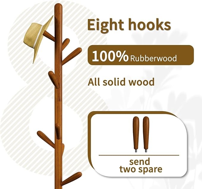Brown Solid Wood Coat Rack 8 Hooks Square Base Freestanding Hall Stand