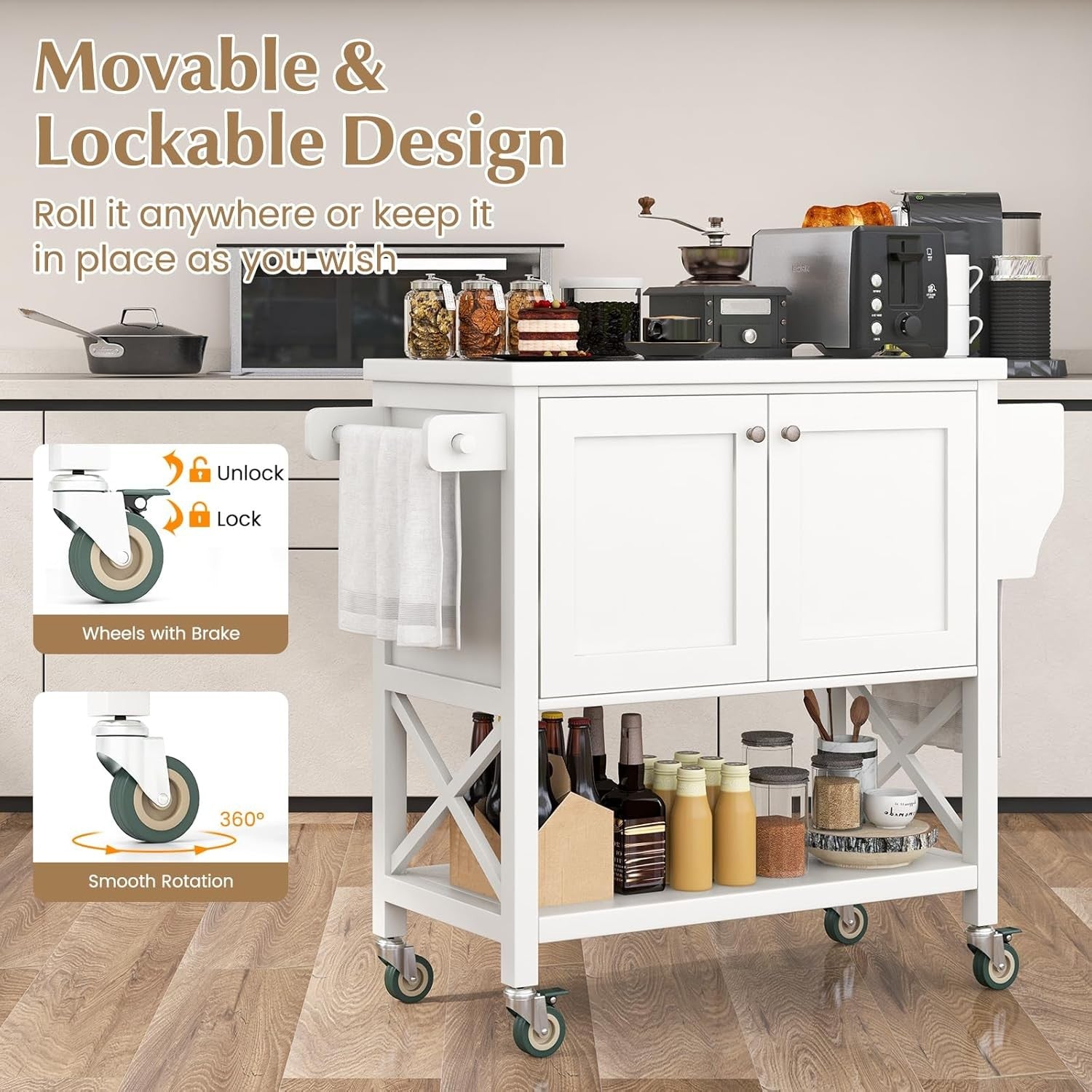 Kitchen Island Trolley on Wheels with Cabinet, Spice Rack & Towel Rail