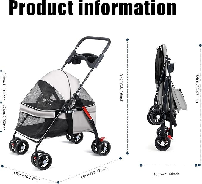 4 Wheel Dog Stroller Folding Pet Pram Travel Pushchair Cup Holder Grey