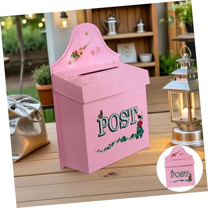 Vintage Wall Mount Mailbox Pink Metal Rustic Outdoor Weatherproof Letter Slot