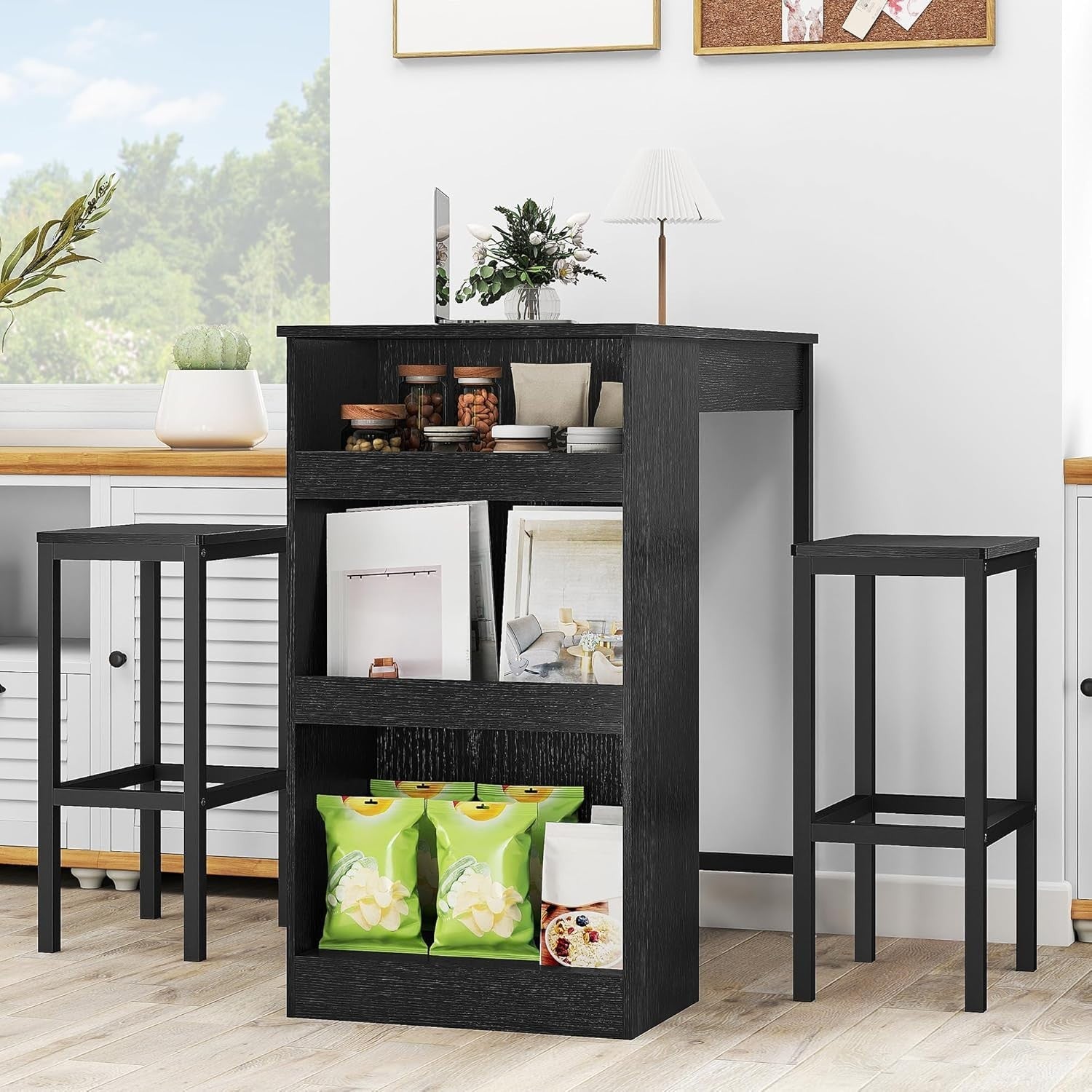 Black Bar Table Set with 2 Stools Industrial Wood Top Storage Shelves Furniture