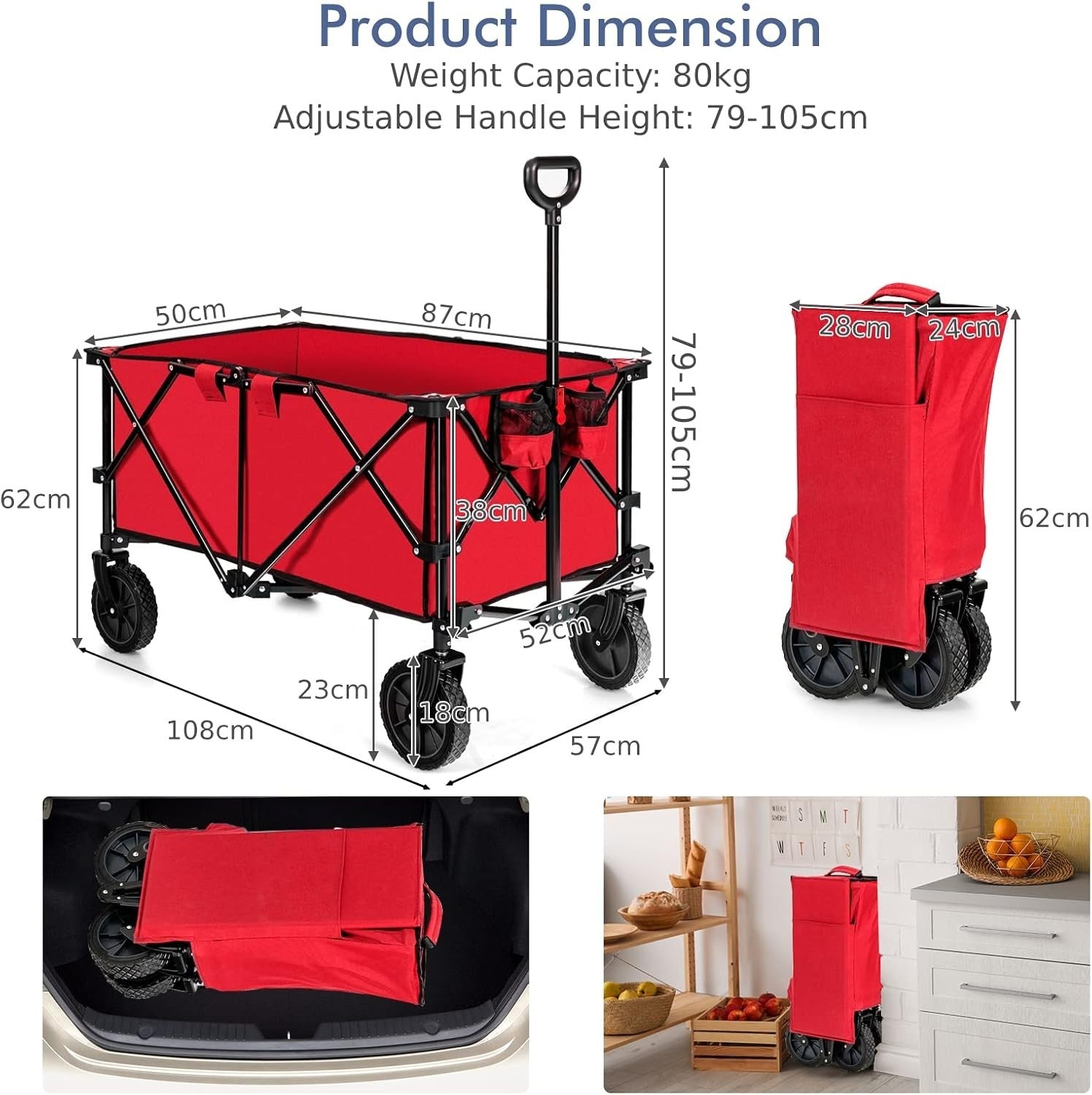 Red Folding Camping Wagon Heavy Duty Collapsible Beach Garden Cart w/ Handle