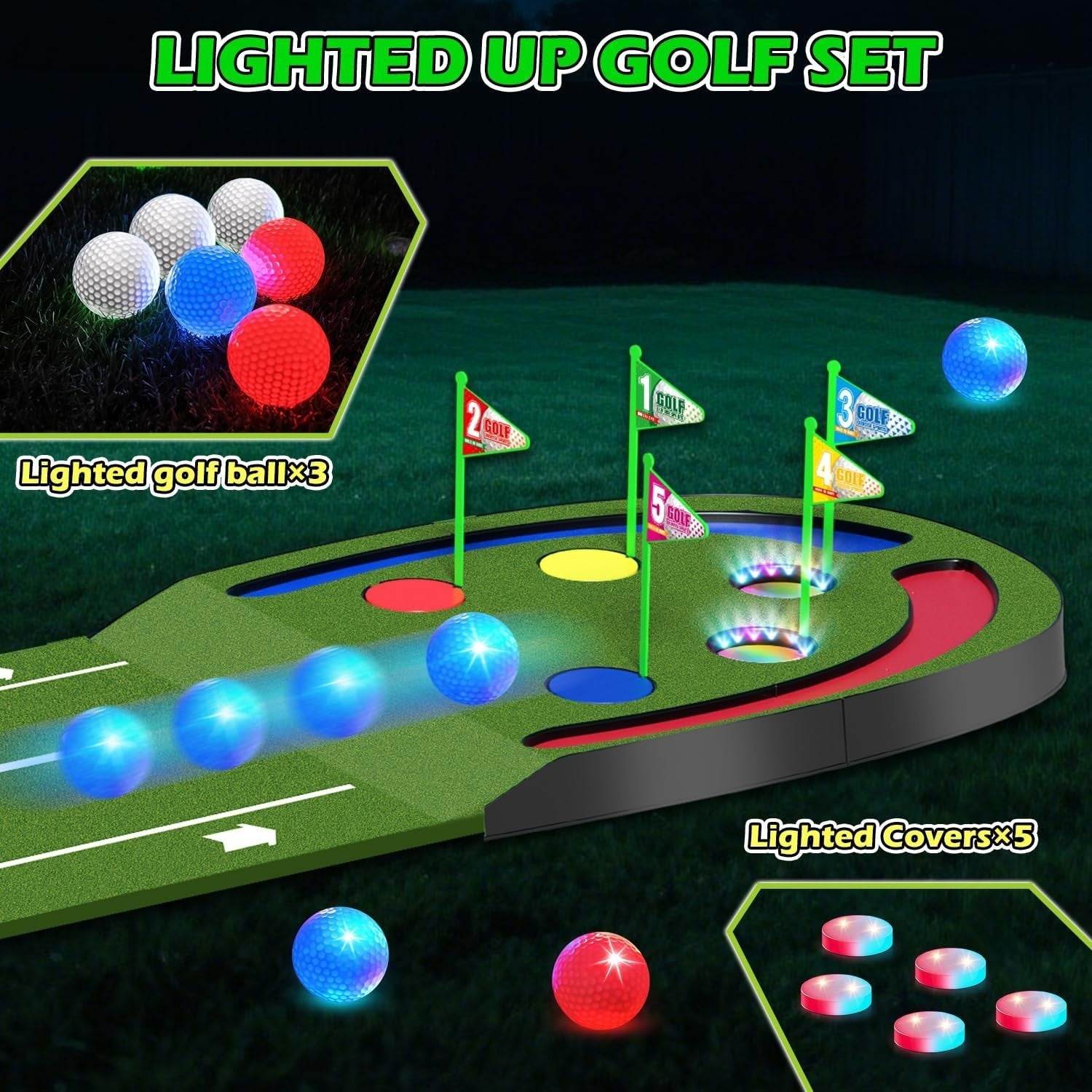 Kids Indoor Golf Putting Mat Game Set LED Balls Portable Practice Green