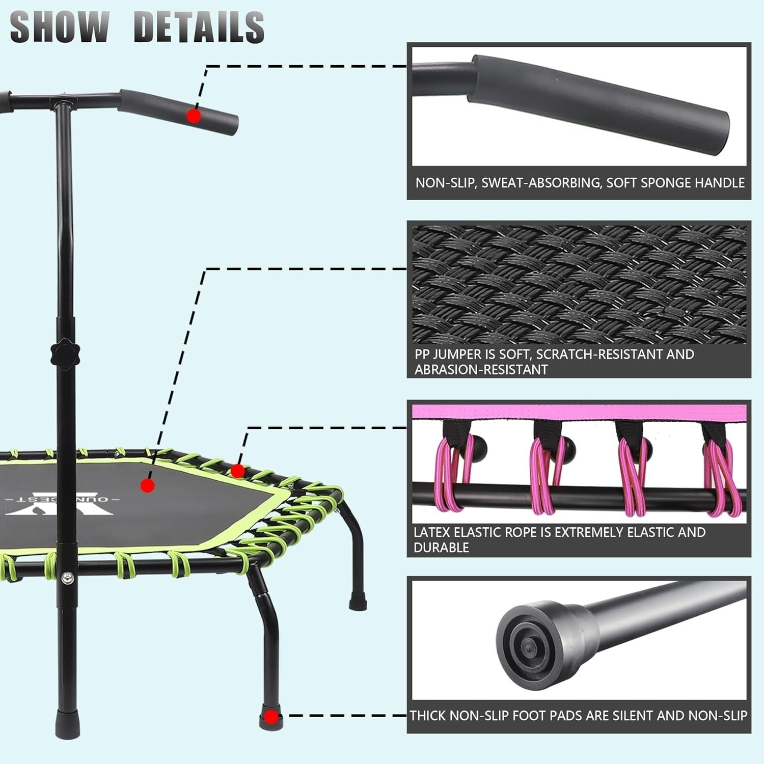 48'' Bungee Rebounder Mini Trampoline Adjustable Handle Silent 150KG