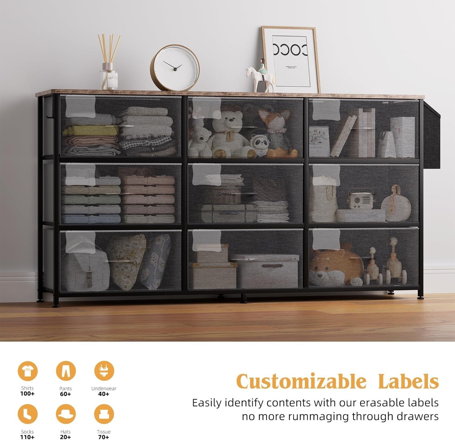 9-Drawer Fabric Dresser with Built-In Power Sockets TV Stand Storage