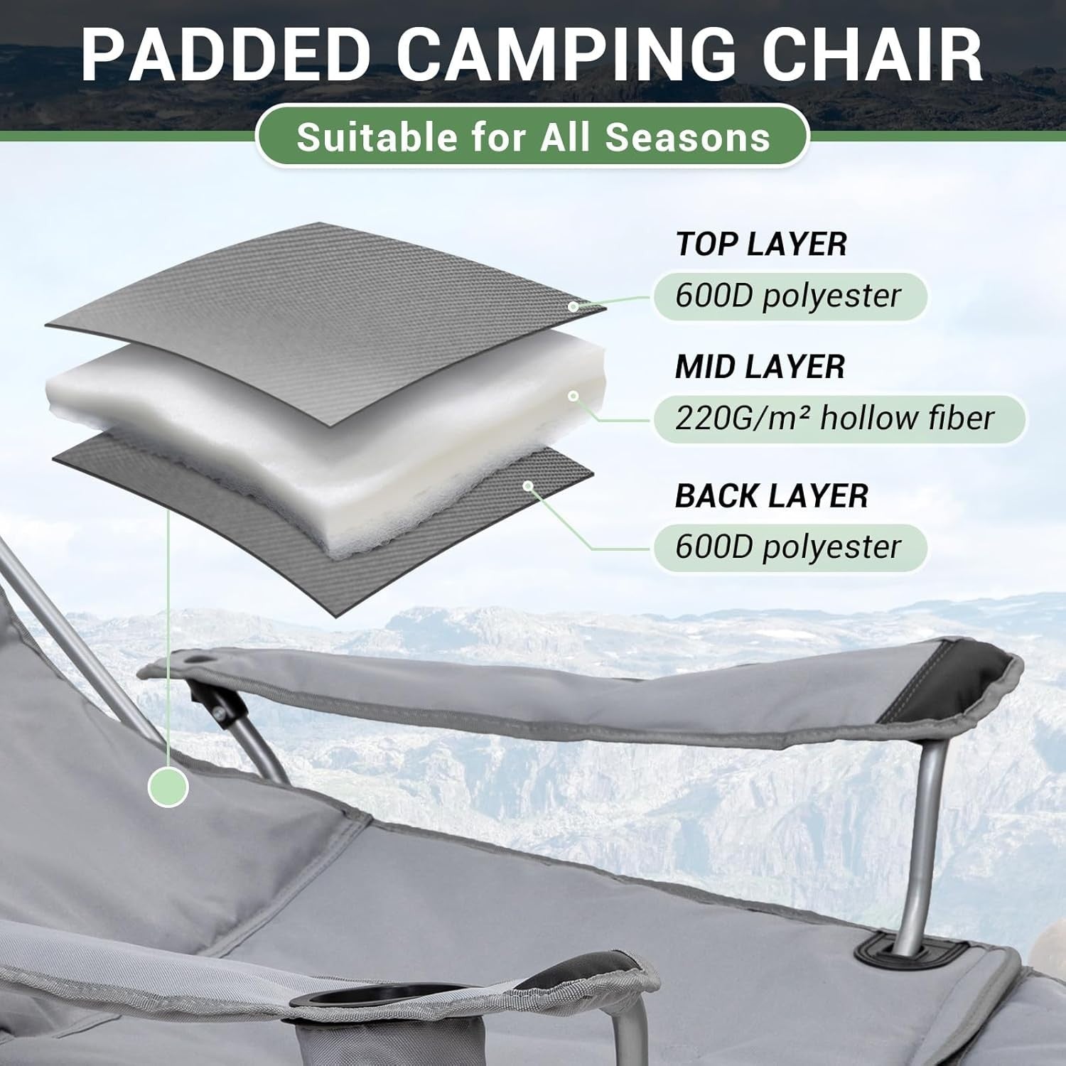 2x Reclining Folding Camping Chairs Padded Footrest Grey Cup Holder
