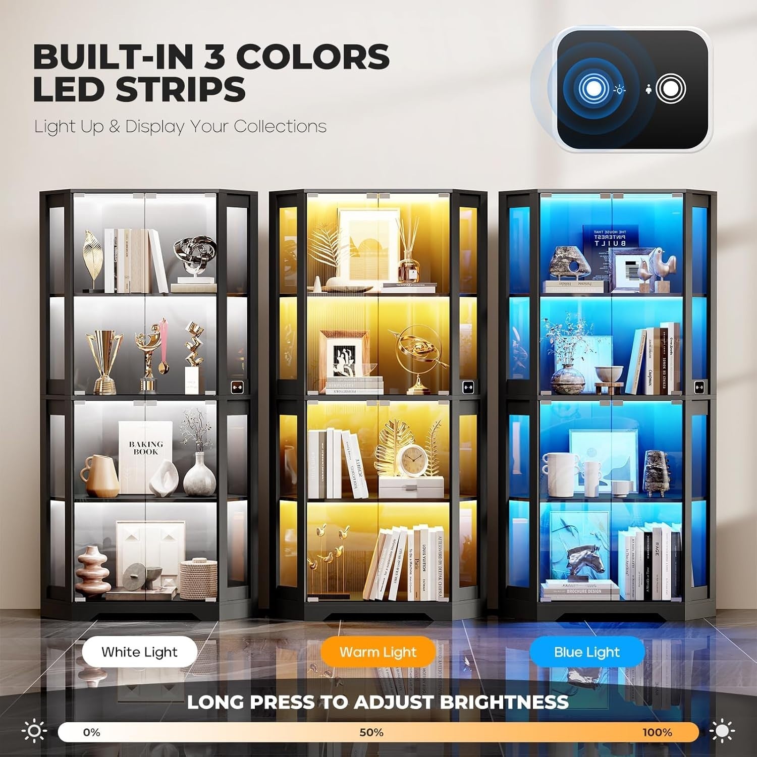 Large Corner Display Cabinet with LED Lights & Human Sensor, 4-Tier, Dustproof