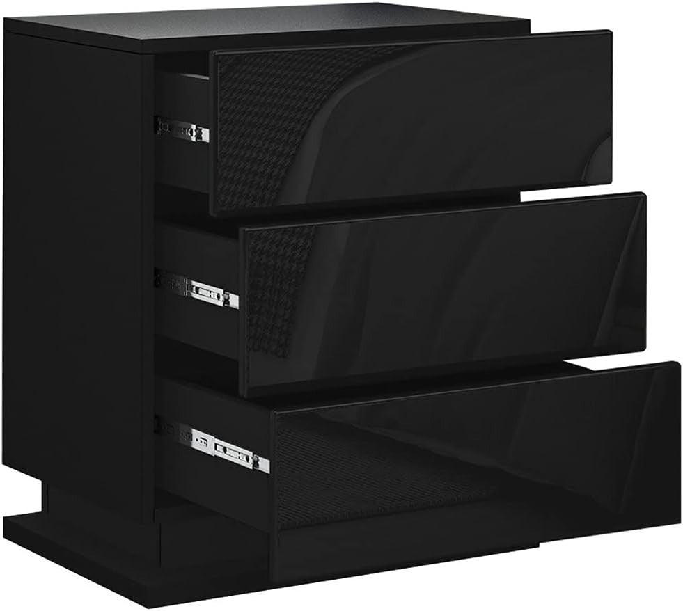 Modern Black LED Bedside Table with 3 Drawers – High Gloss Nightstand