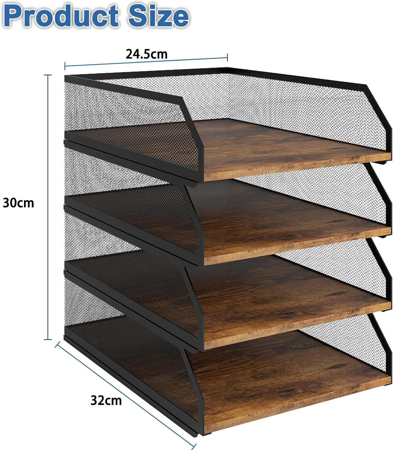 4-Tier Stackable Desk Paper Tray Organizer Metal & Wood Desktop Rack