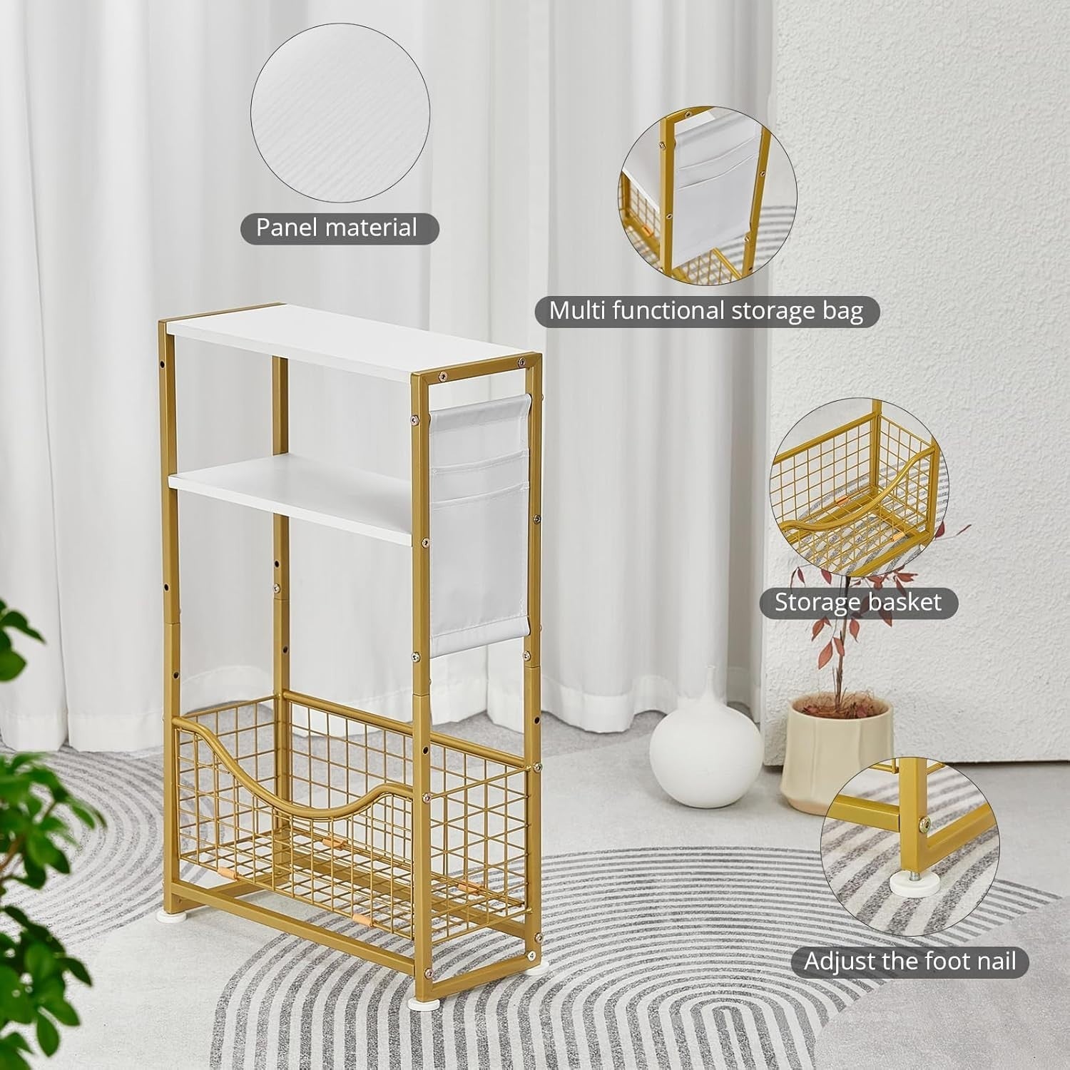 White Gold 3-Tier Narrow Side Table 30x30x50 cm | Slim End Table w/ Storage