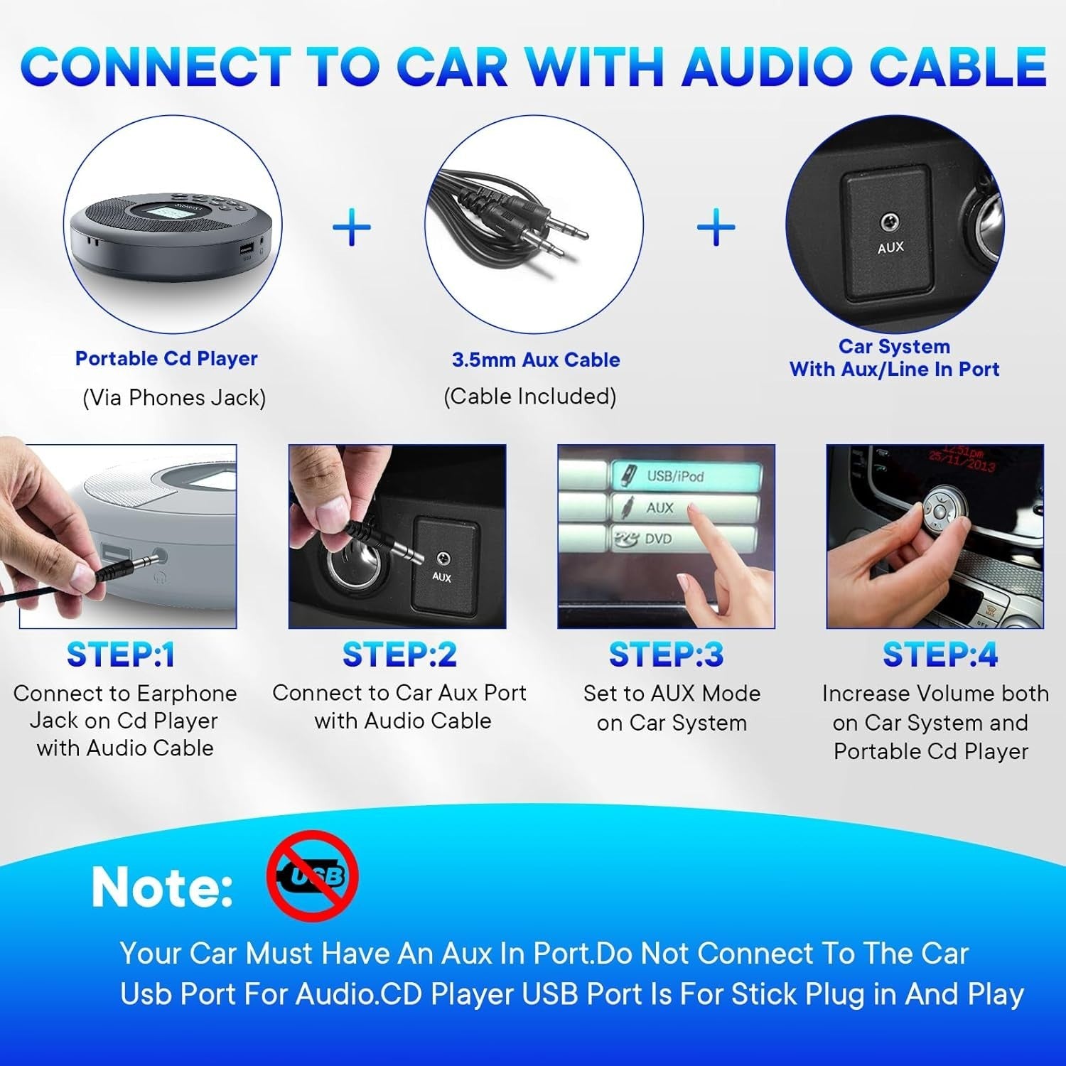 Portable CD Player Bluetooth Rechargeable Anti-Skip Speakers AUX Car