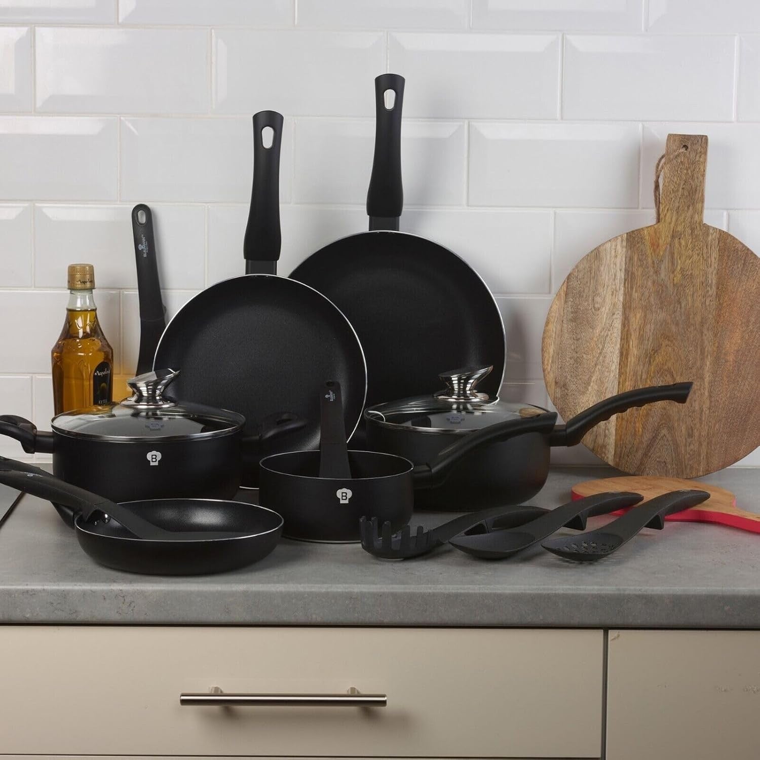 8Pcs Matt Black Non Stick Cookware Set Induction Pots Pans Kitchen Tool Set