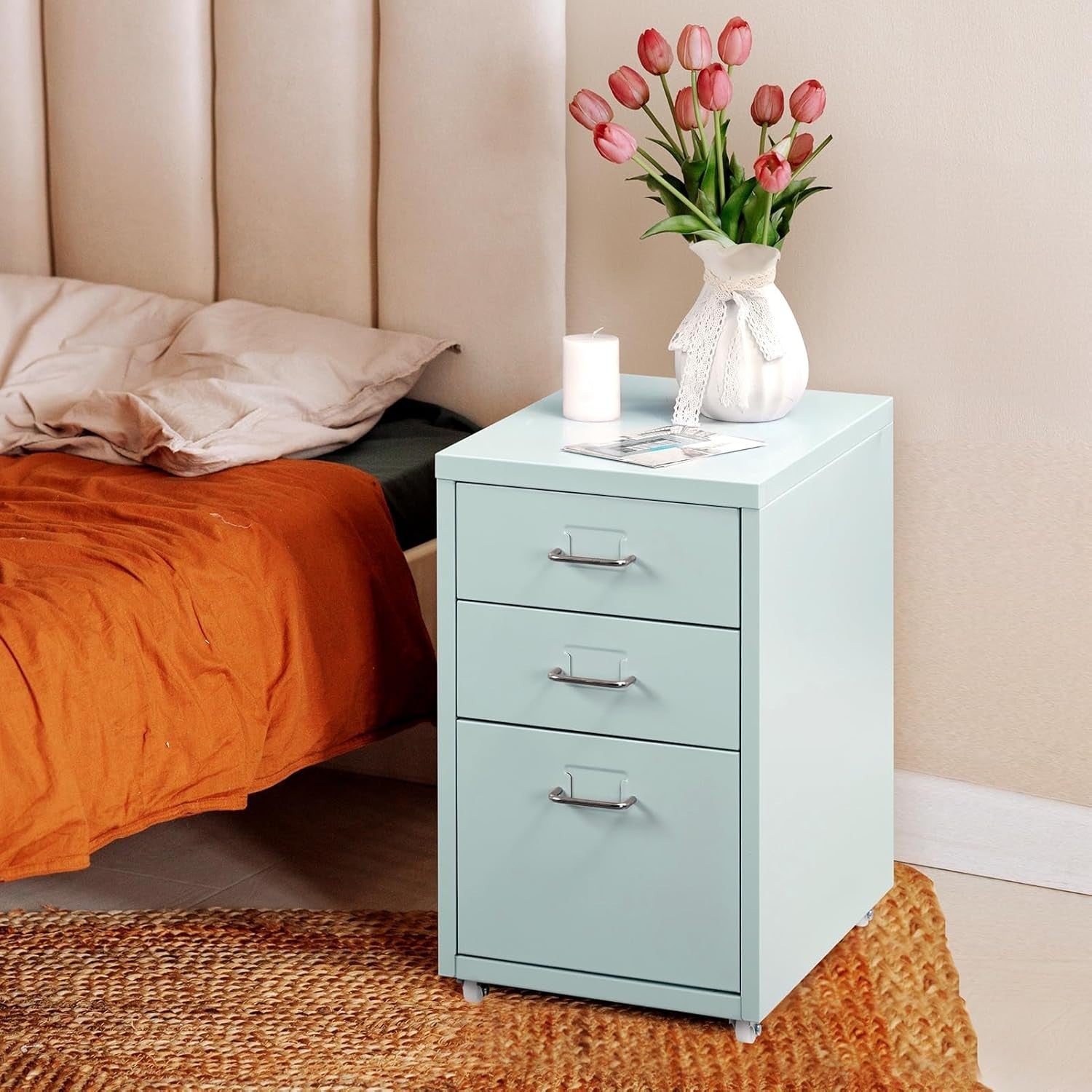 Grey Green Metal Rolling Drawer Unit 3 Tier Under Desk File Storage