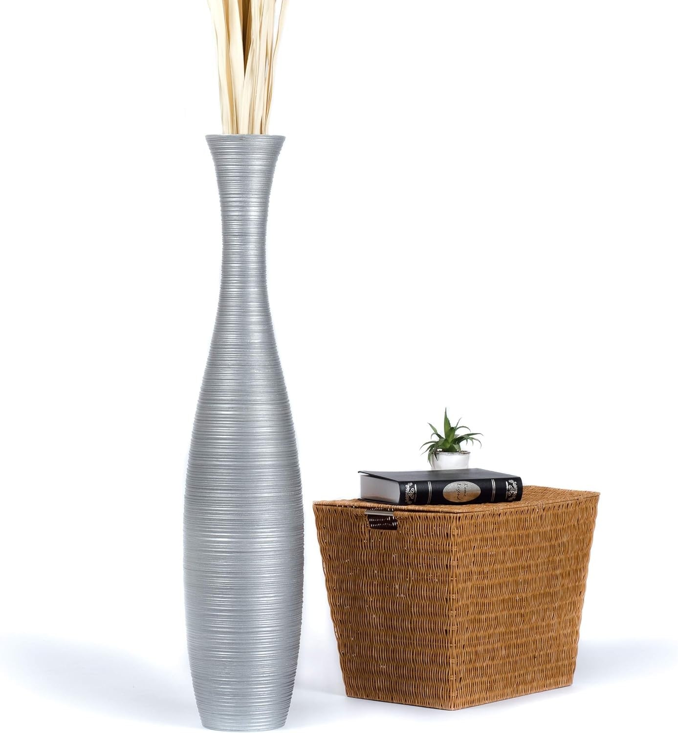 Tall Silver Floor Vase 105cm Wooden Decor for Pampas Grass Display