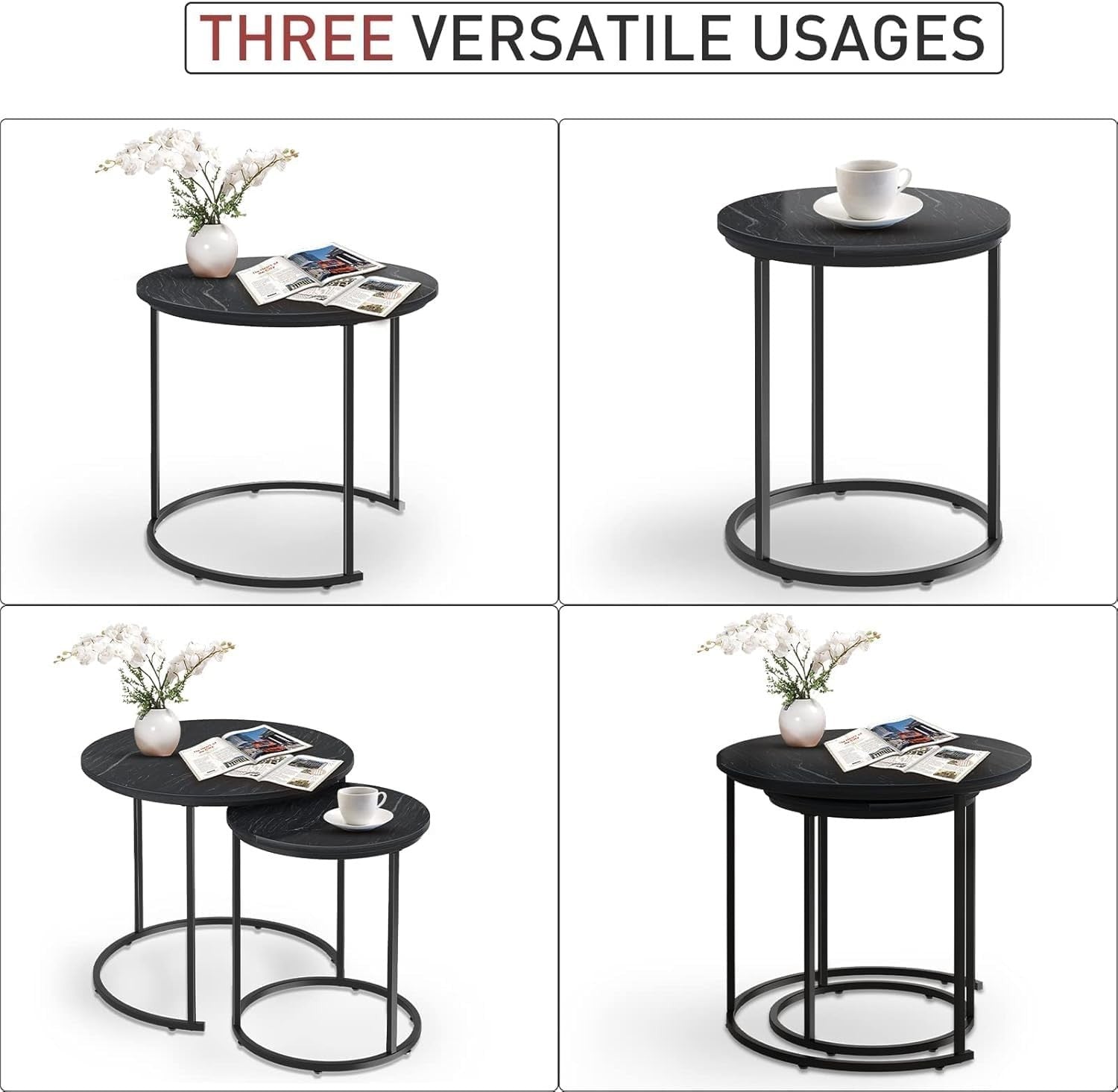 Nesting Coffee Table Set of 2 Round Faux Marble End Side Table for Living Room