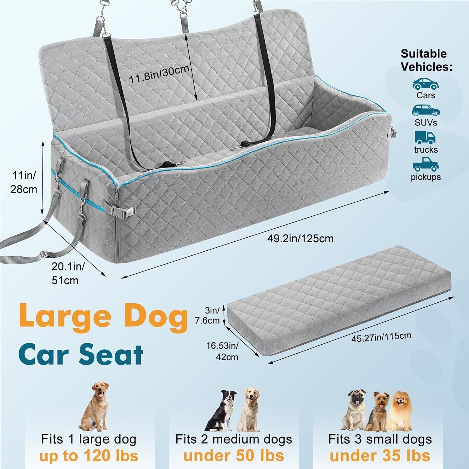 Extra Large Dog Car Bed 120lb Booster Seat Washable Travel Cushion