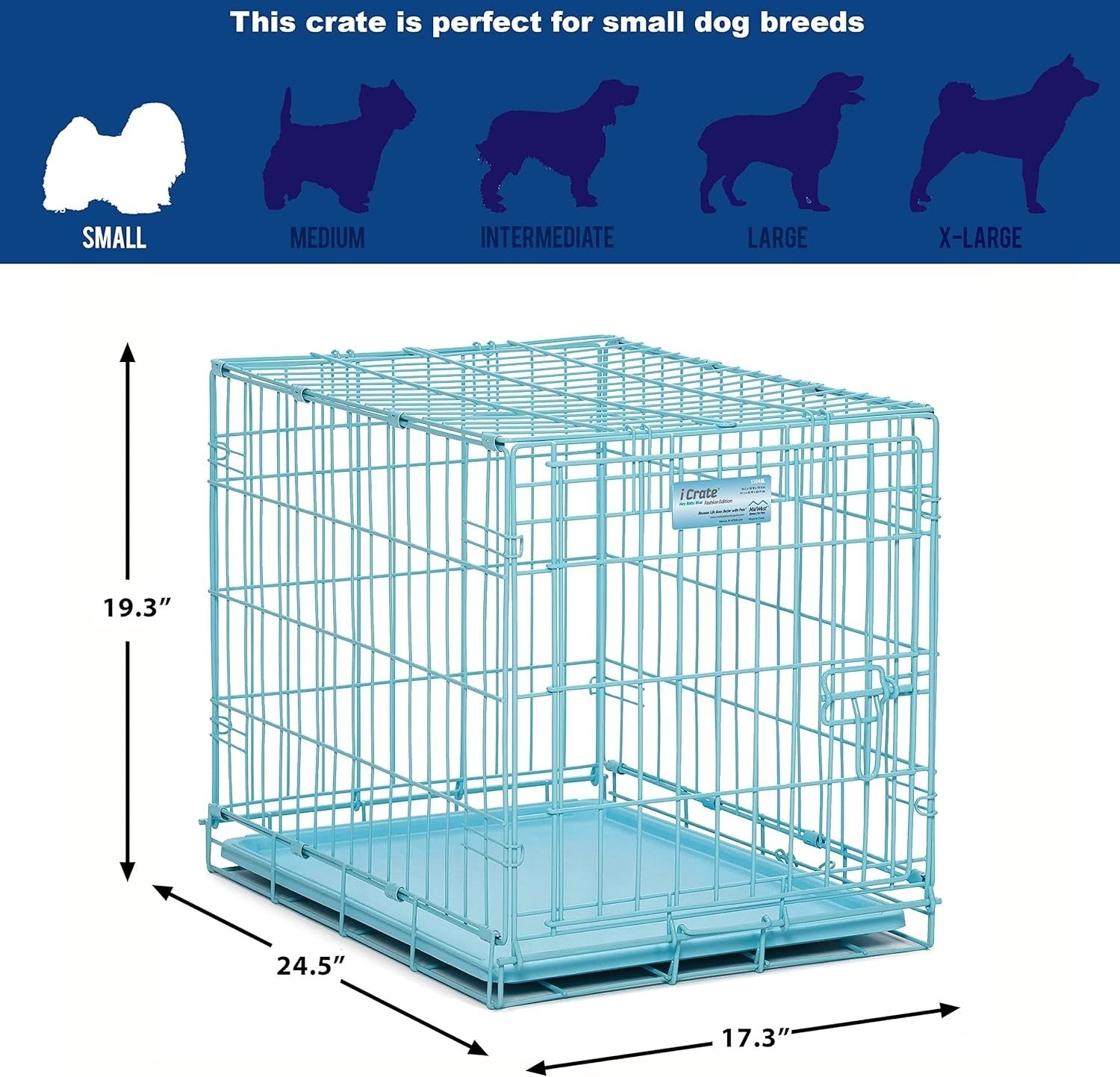 Portable Blue Single Door Dog Crate 62cm with Divider, Leak-Proof Pan & Rollers