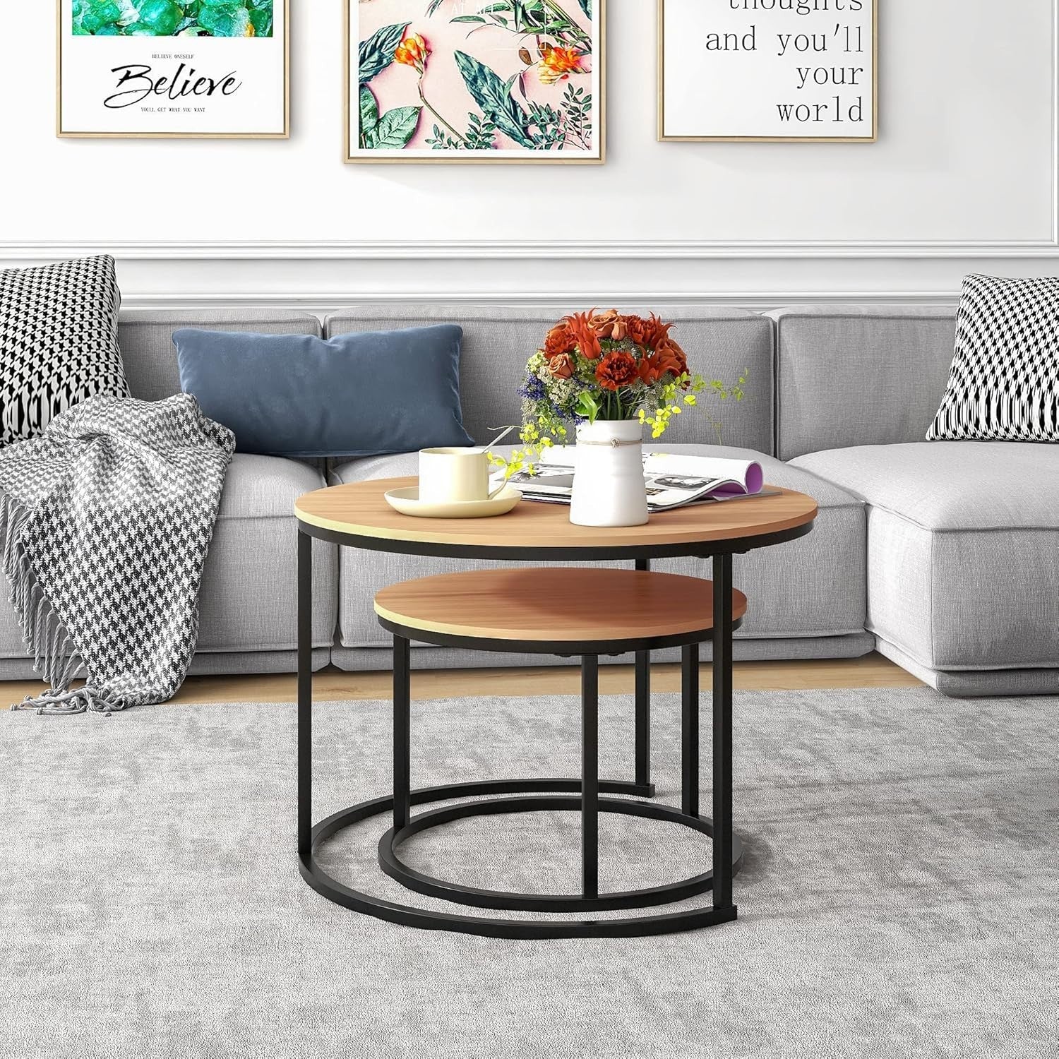 Set of 2 Round Nesting Coffee Tables Expandable Lightweight Black/Oak Wood