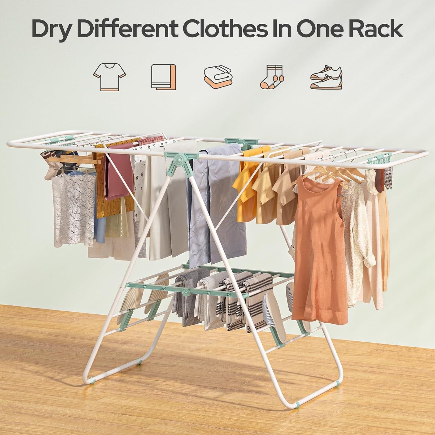 Foldable Clothes Airer Large Drying Rack Height Adjustable Wings Indoor