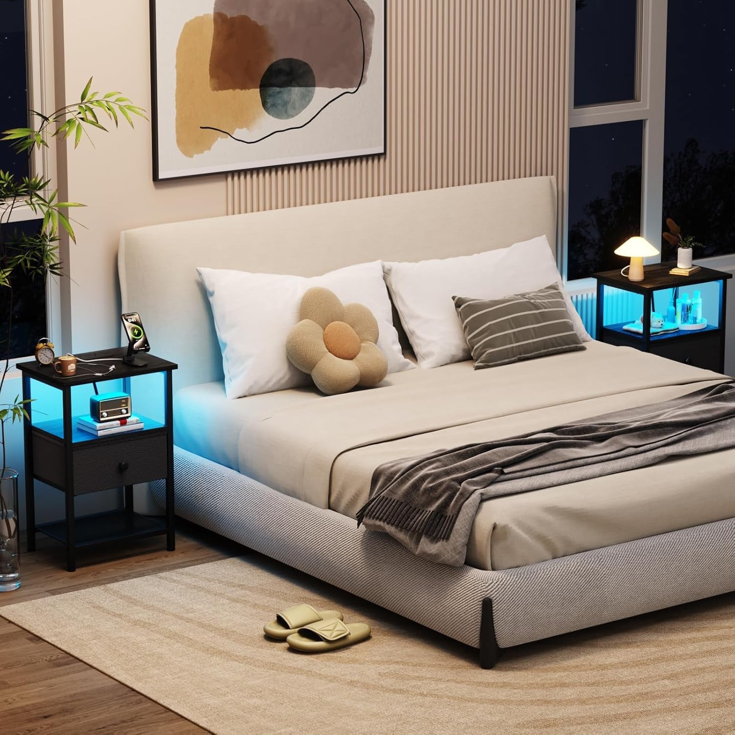 Black LED Bedside Table with Charging Station Drawer & Storage Shelf