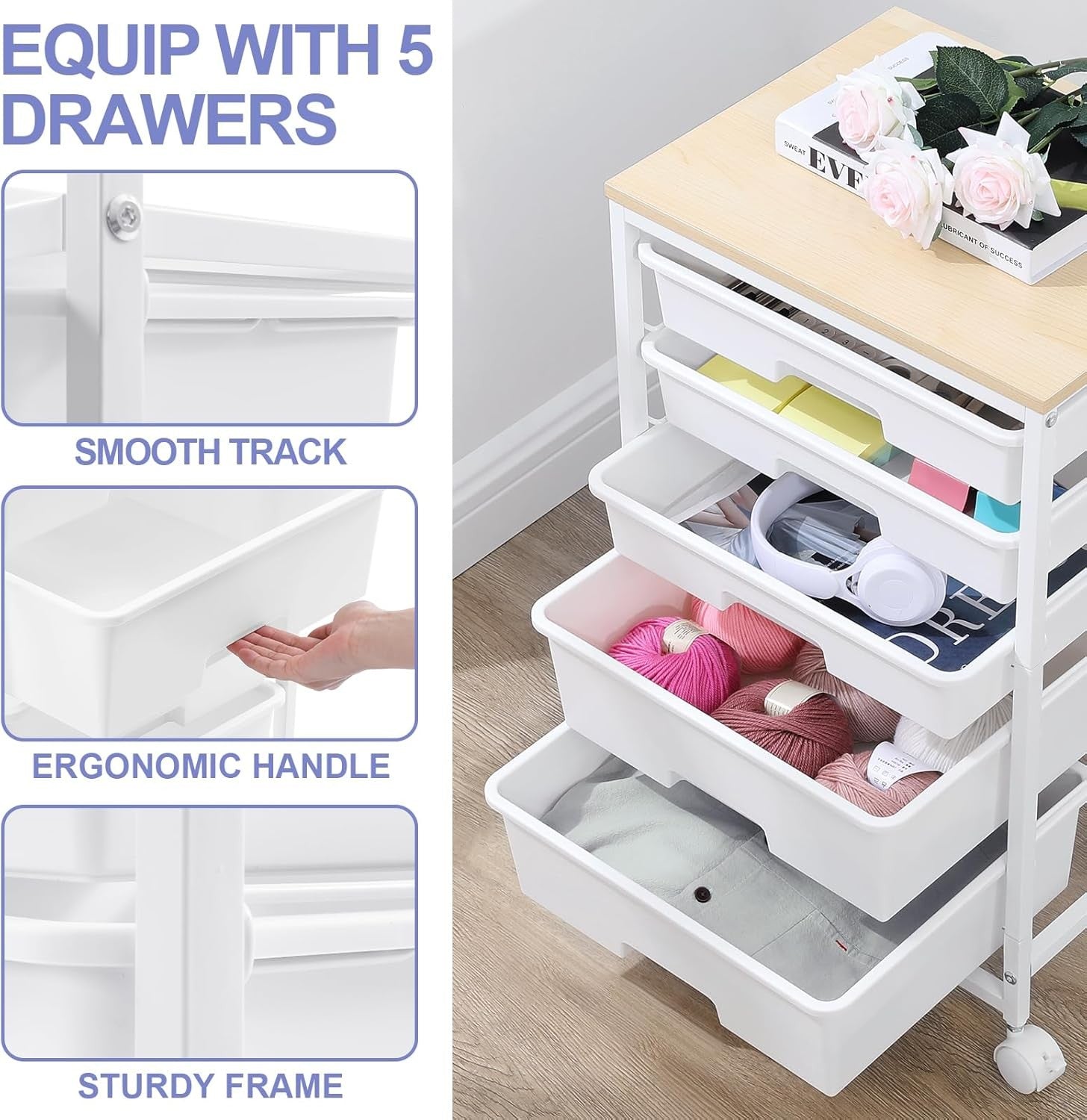 5 Drawer Rolling Storage Trolley Cart with Wheels Utility Organizer White