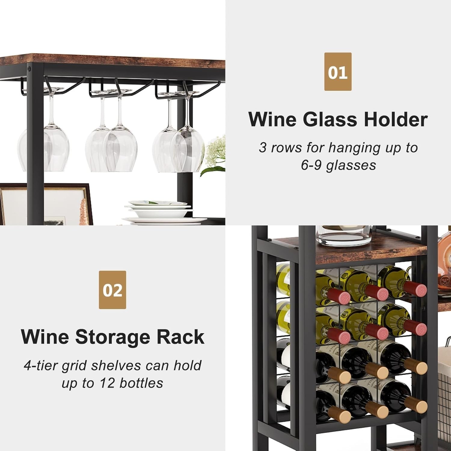 5-Tier Wine Rack Shelf with Glass Holder & Storage, Rustic
