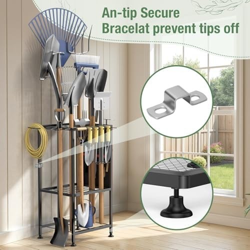 Corner Garden Tool Organizer Metal Rack with Side Pouch for Rakes Shovels