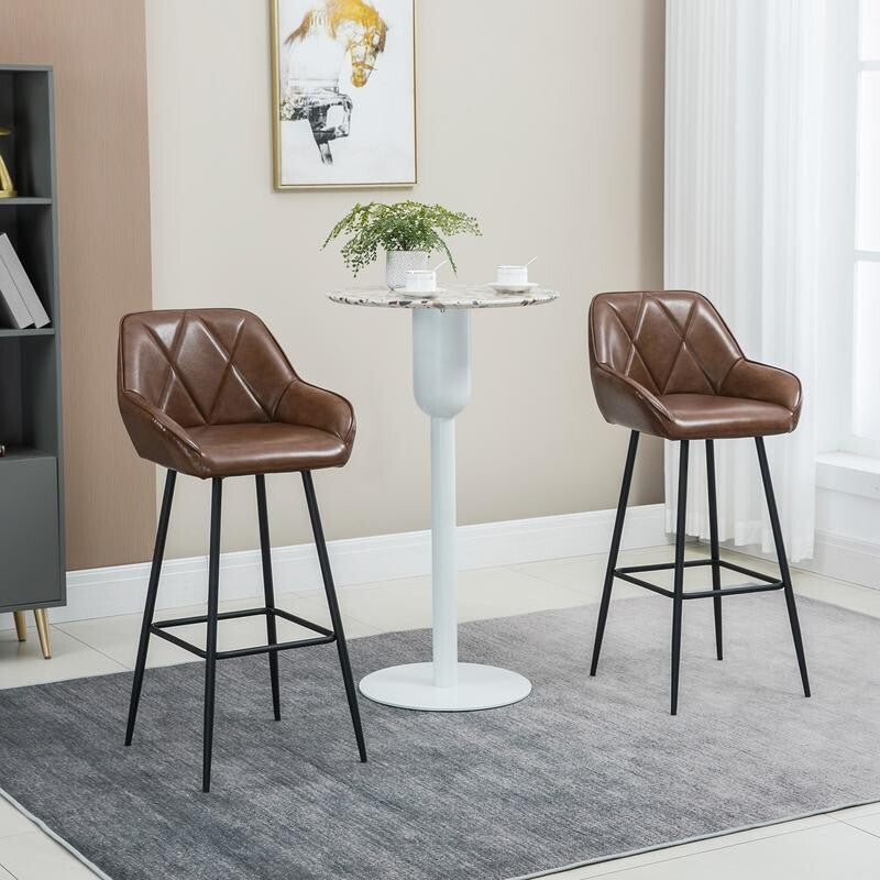 2x Faux Leather Bar Stools with Backrest Footrest Steel Legs for Home Bar