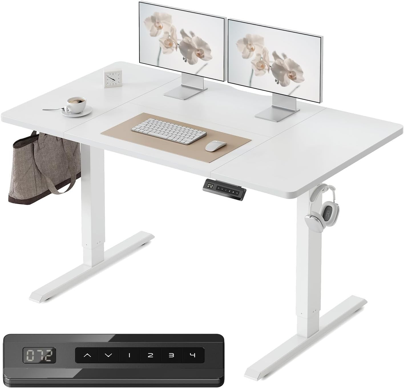 White 140x70cm Electric Standing Desk with 4 Memory Presets & Quiet Motor